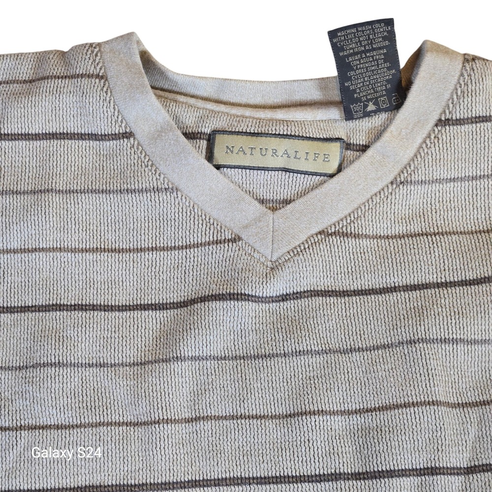 Naturalife Men's XXL Brown Striped‎ V Neck Long Sleeve Cotton Knit Shirt